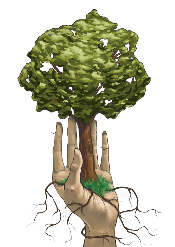 Eine stuetzende Hand haelt einen Baum als Symbol fuer Hilfe und Wachstum